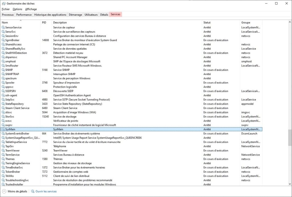 Gestinnaire des tâches onglet Services