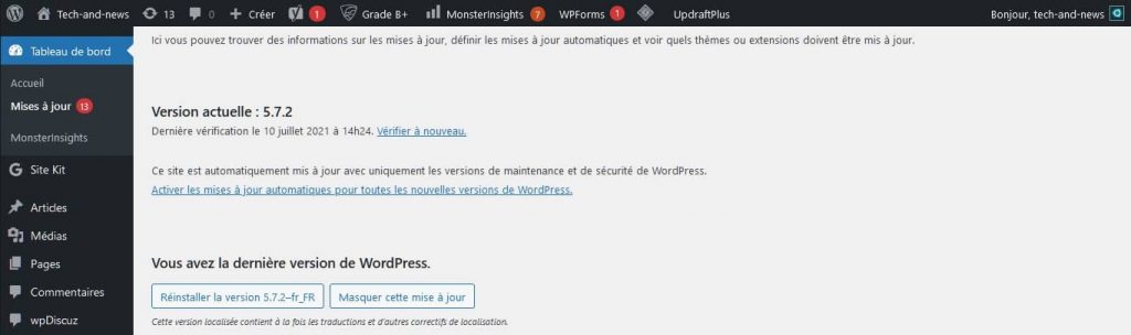 Mise à jour de WordPress dans le tableau de bord