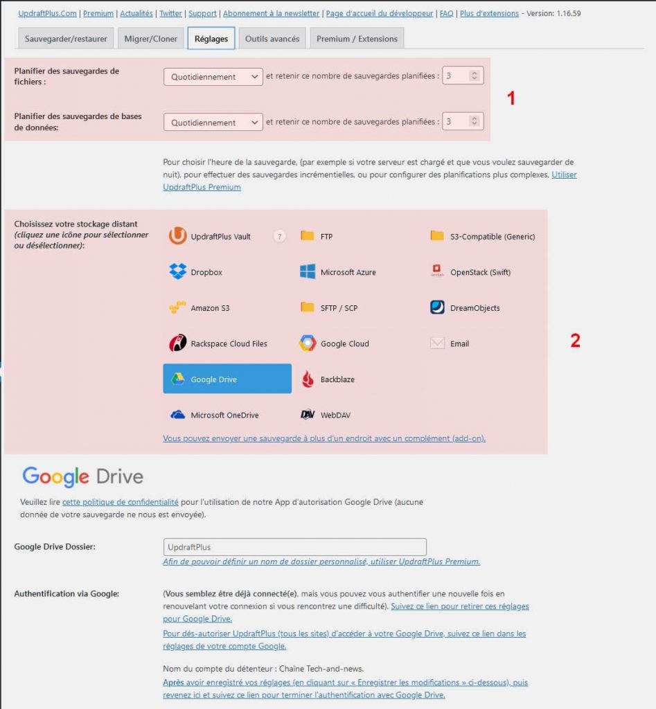 UpdraftPlus - catégorie Réglages, fréquence et lieu de stockage