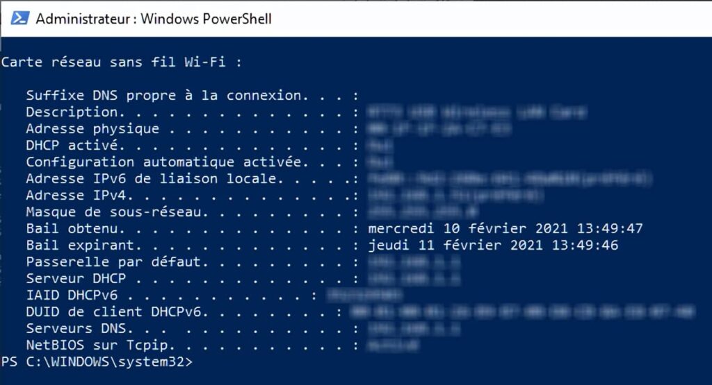 ipconfig /all via PowerShell pour connaitre le bail DHCP