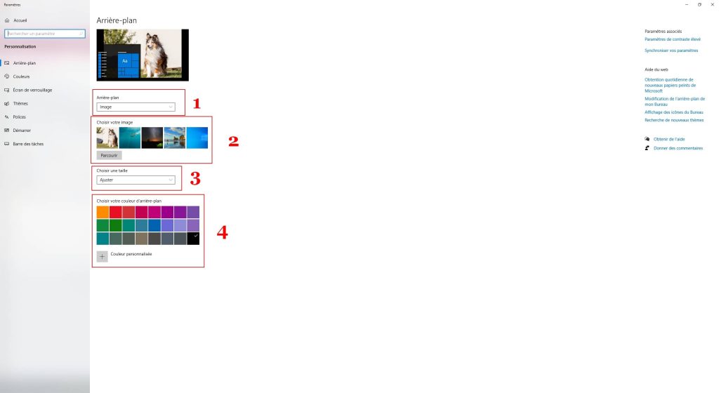 Fenêtre de personnalisation de l'arrière-plan sur Windows 10
