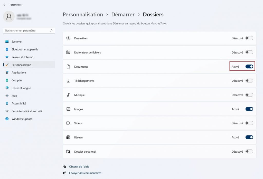 Activation des dossiers du menu démarrer, écran de démarrage, Windows 11