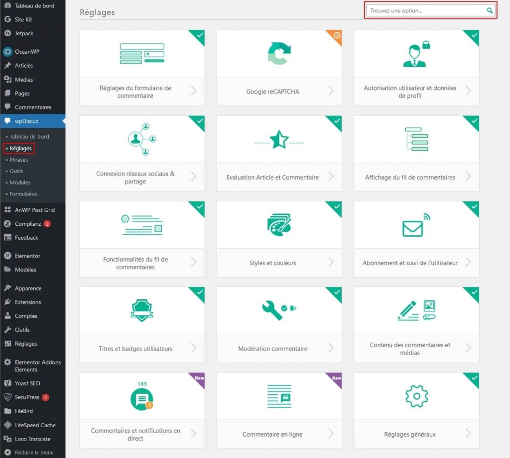 Réglages des options de wpDiscuz.