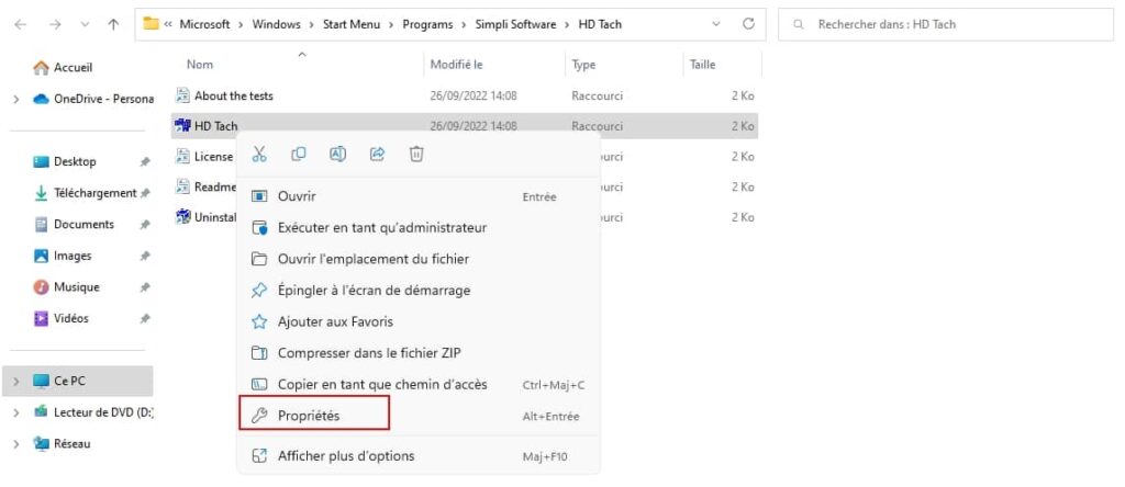 Windows propriétés d'un raccourci