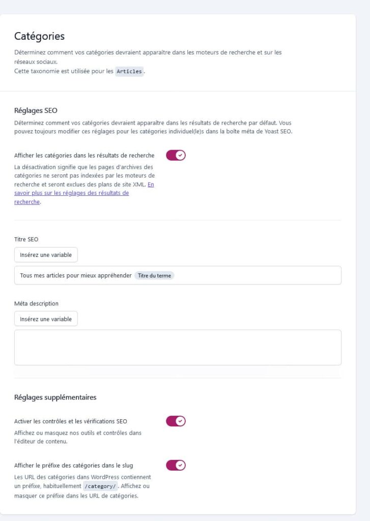 Yoast SEO, configuration des catégories
