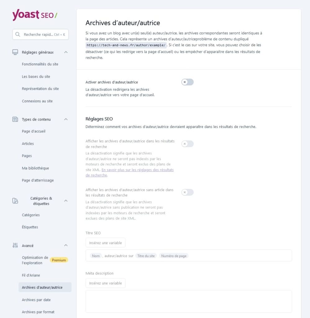 Yoast SEO, onglet avancé, titre SEO, Méta et indexation des archives auteur/autrice, par date, et par format