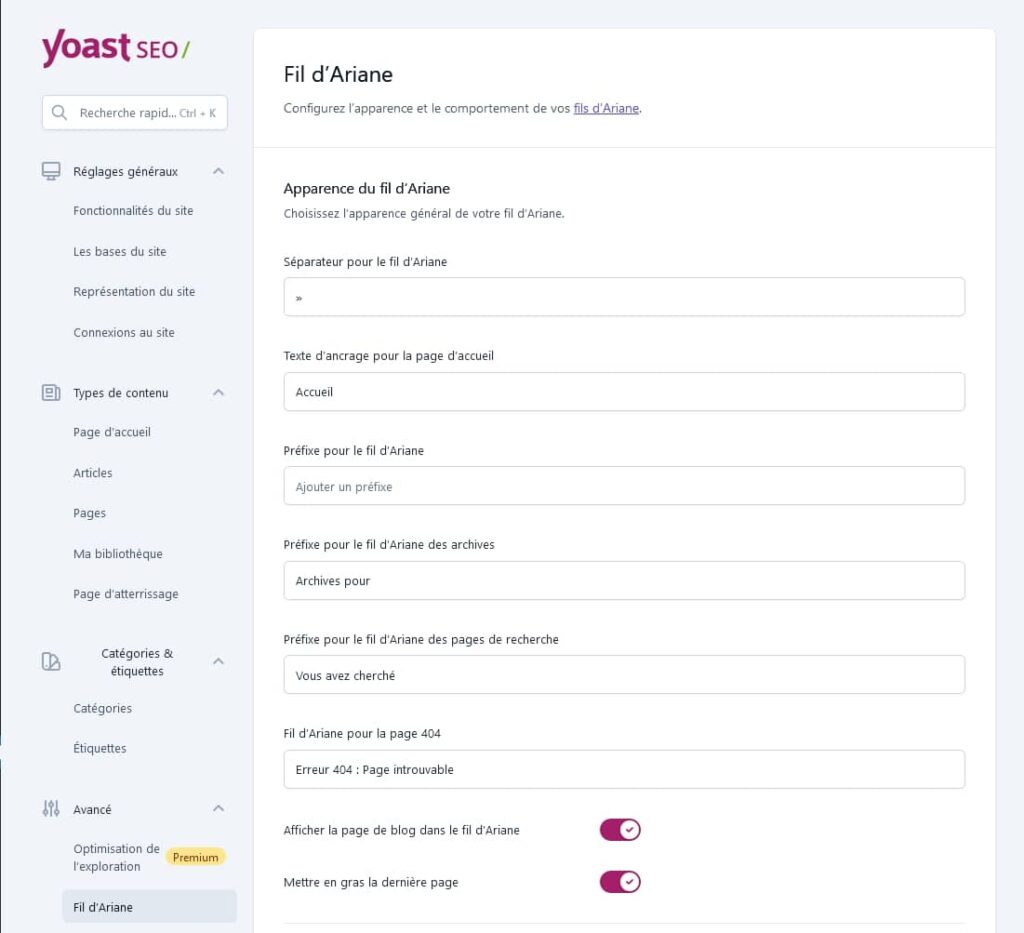 Réglages de l'apparence du fil d'Ariane dans Yoast SEO
