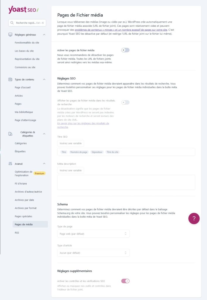 Yoast SEO, onglet avancé, réglages, titre SEO des pages de média