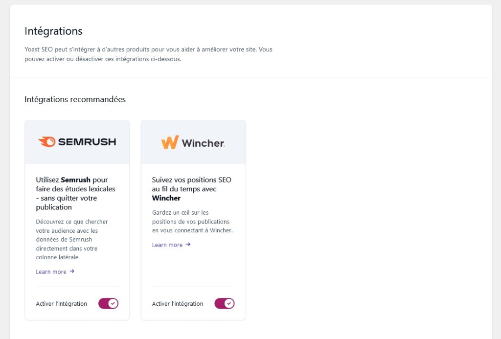 L'intégration permet d'intégrer Yoast SEO aux services Semrush, et bien d'autres.