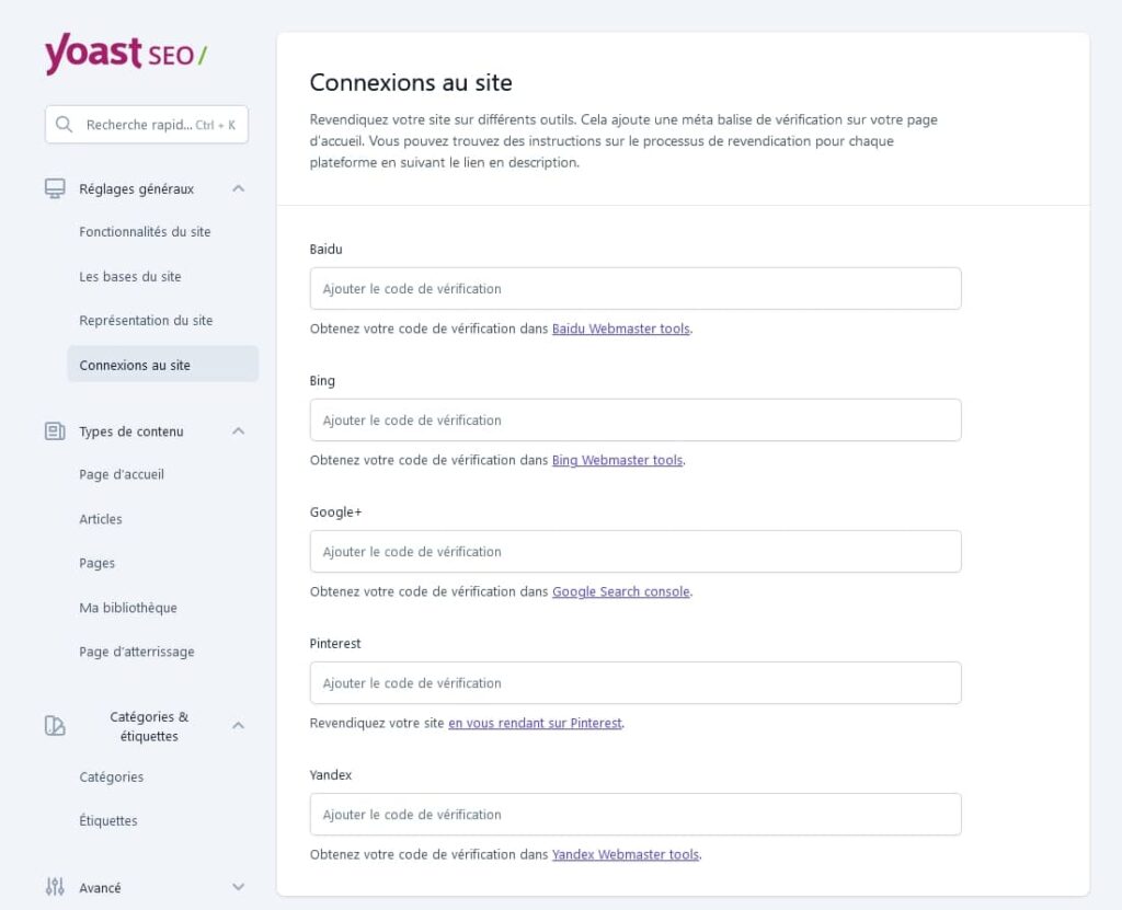 Pour que Yoast SEO puisse connecter Baidu, Bing, Google, Pinterest, Yandex à votre site.