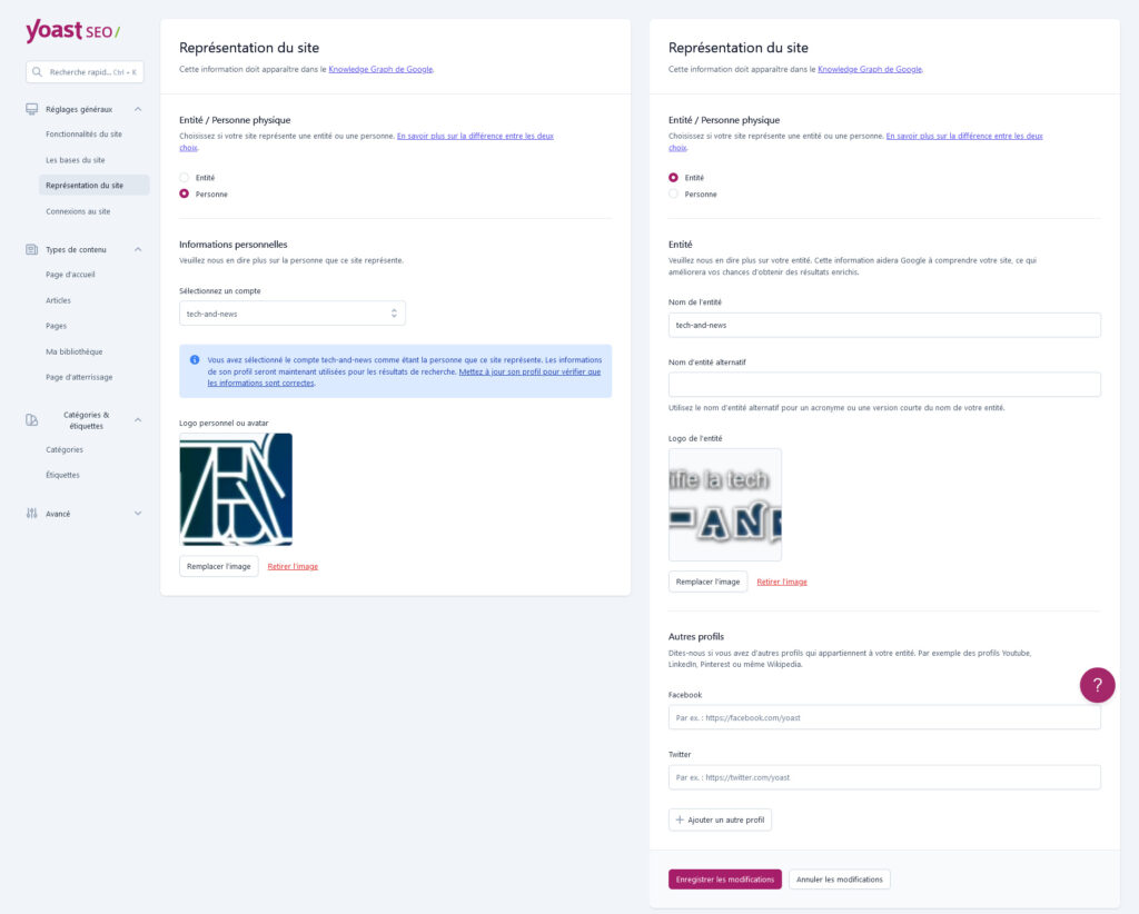 Yoast SEO, représentation de votre site en tant qu'entité ou personne