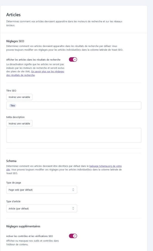 Yoast SEO, configuration des réglages SEO, Titre SEO, Méta description... des articles