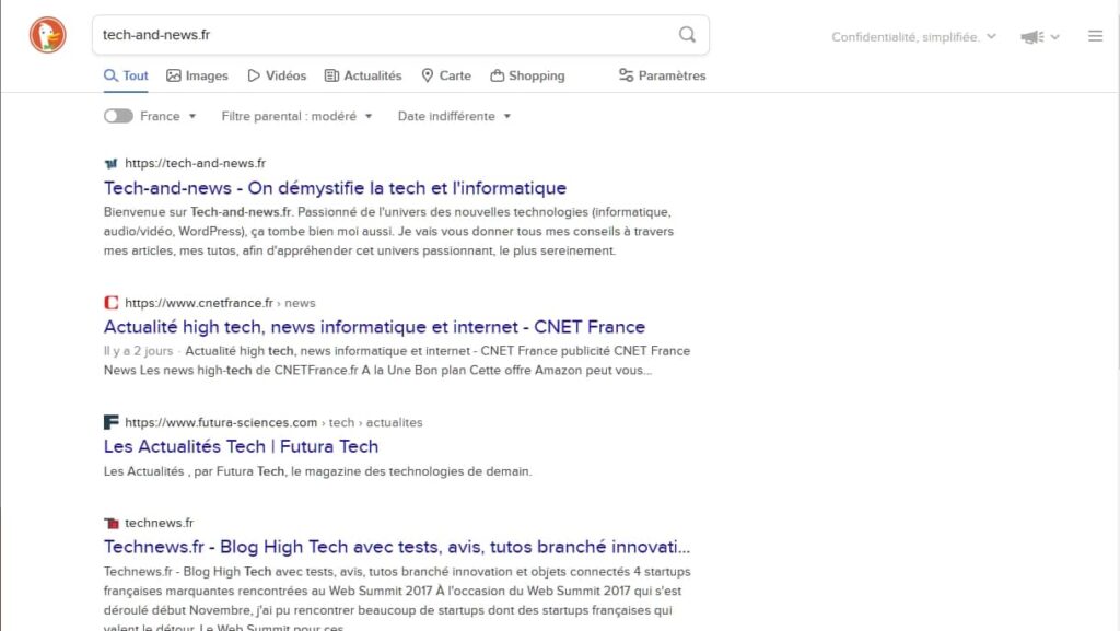 DuckDuckGo, résultats de recherche pour tech-and-news.fr