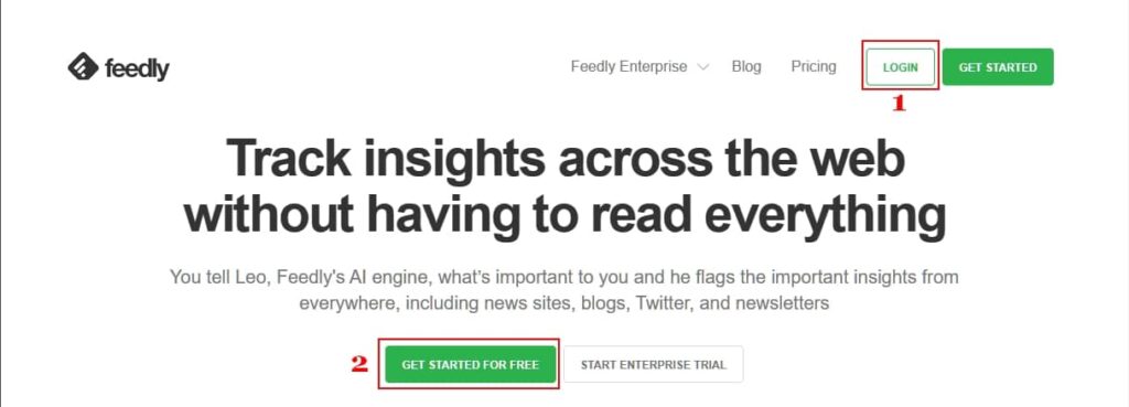 Feedly boutons d'inscription et de connexion, page d'accueil