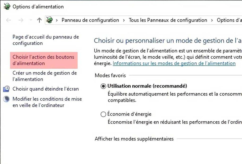 Choisir l'action des boutons d'alimentation de Windows
