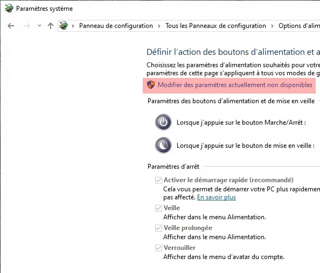 Modifier des paramètres actuellement non disponibles de Windows