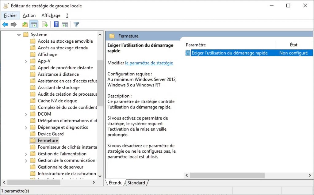 Gpedit.msc, Exiger l'utilisation du démarrage rapide