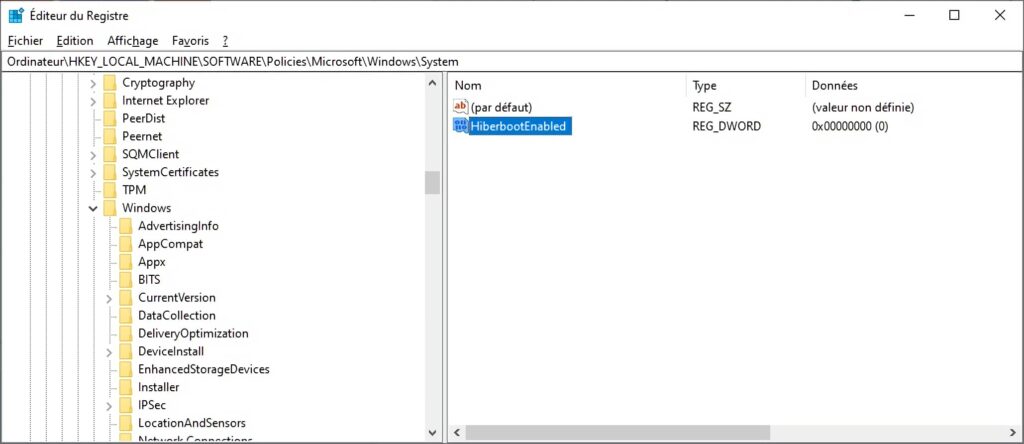 Création ou modification la valeur de la clé DWORD 32 bits HiberbootEnabled