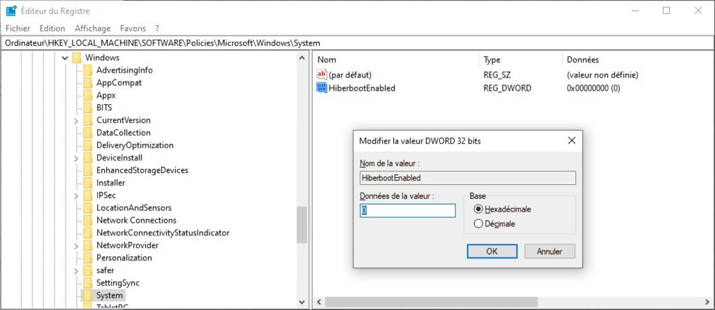 Données de la valeur de la clé DWORD32 HiberbootEnabled sur 0 pour sa désactivation