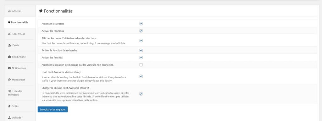 Réglages onglet fonctionnalités de configuration d'Asgaros forum