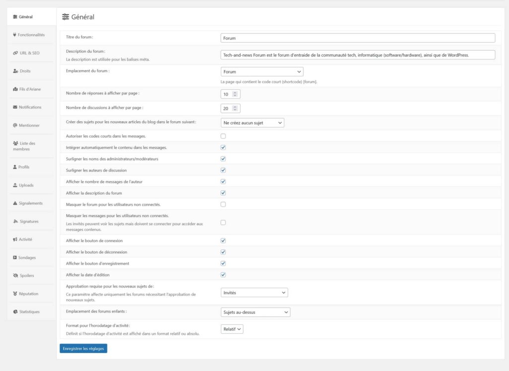 Réglages onglet général de configuration d'Asgaros forum