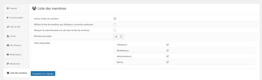 Activation et paramétrage de la liste des membres inscrits au forum