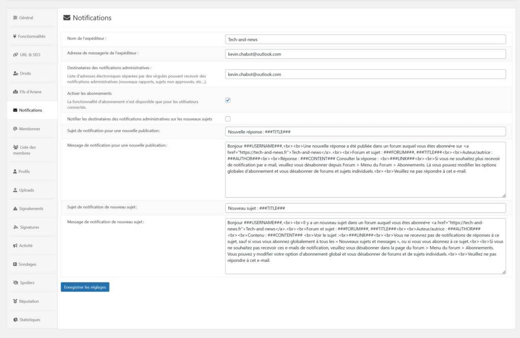 Réglages et personnalisation des notifications envoyées aux utilisateurs