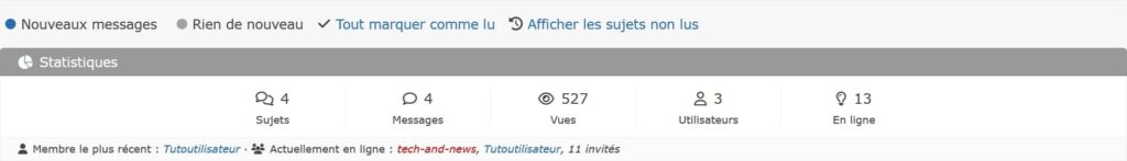 En bas, derniers sujets non lus, tout marque comme lu et la légende du code couleur, Asgaros Forum
