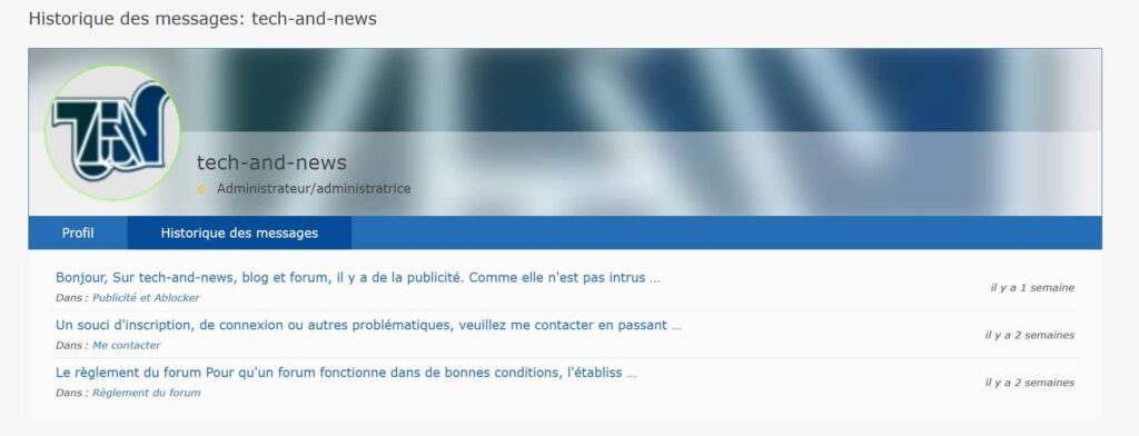 Exemple d'historique des messages postés d'un membre sur le forum