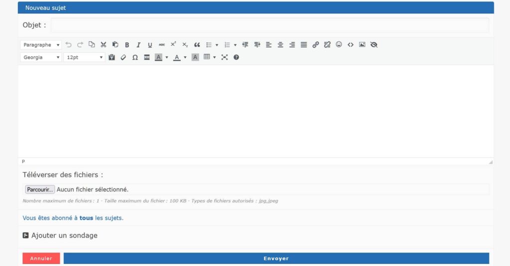 Interface par améliorée de création et édition de sujet, message