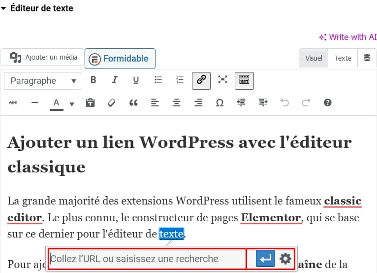 Éditeur classique, renseigner l'adresse du lien