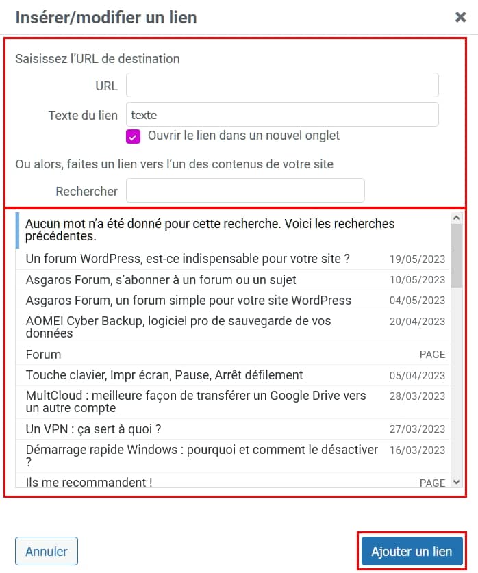 Configuration d'un lien dans l'éditeur classique de WordPress