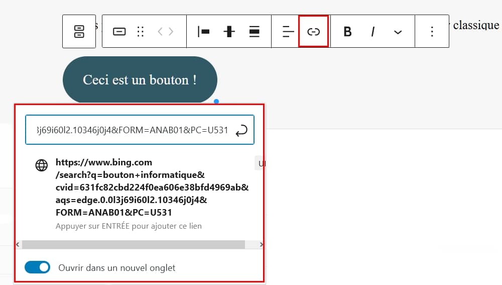 Paramètre d'un bouton Gutenberg