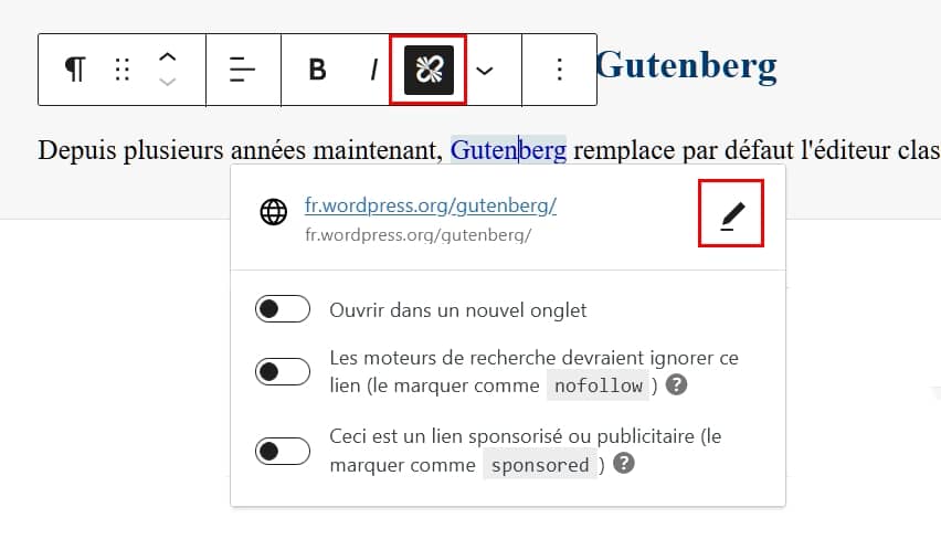 Retirer un lien avec le bloc paragraphe de Gutenberg