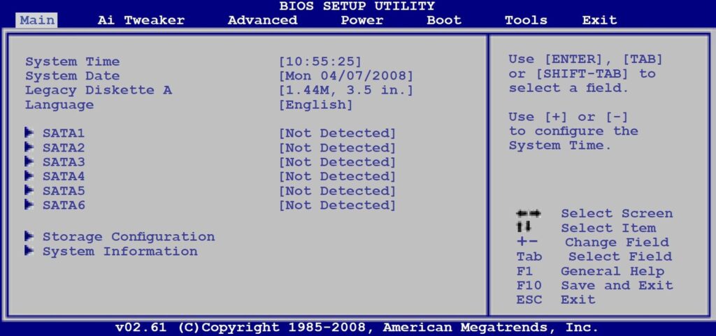 Interface d'un BIOS d'une carte mère avant 2010-2012