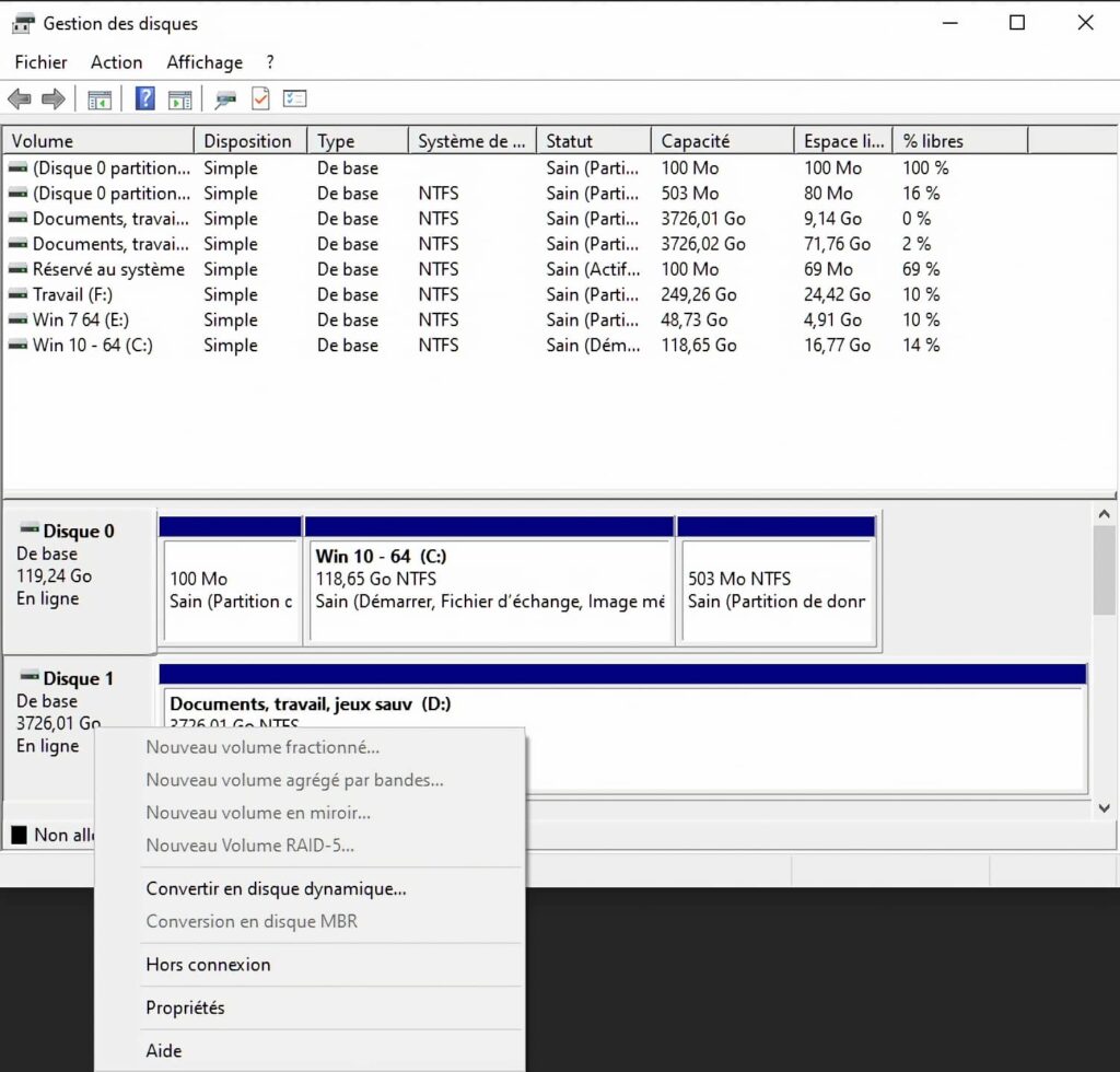 Interface dans Windows de la mise en place d'un RAID logiciel