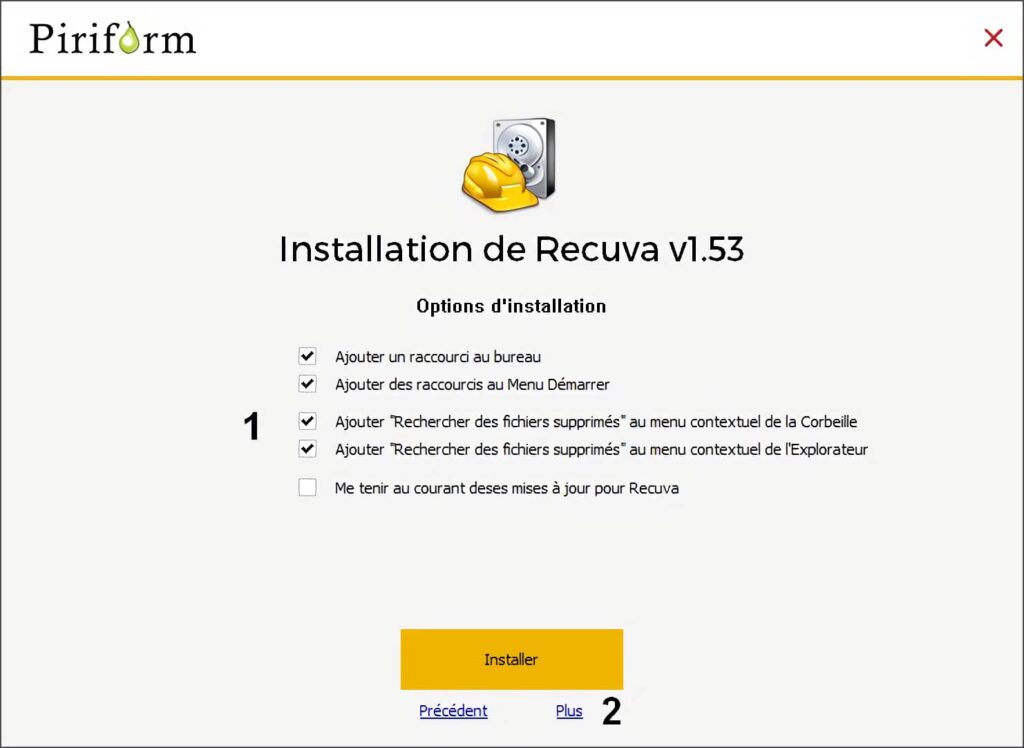 Options avancées de lors de l'installation de Recuva