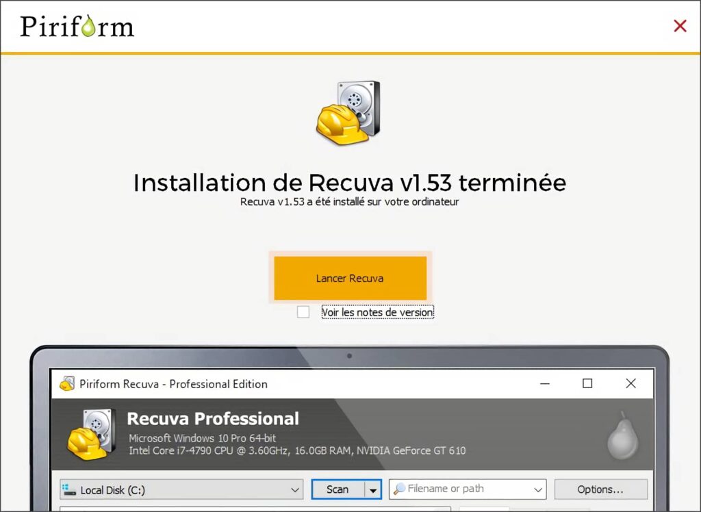Lancer Recuva en fin d'installation