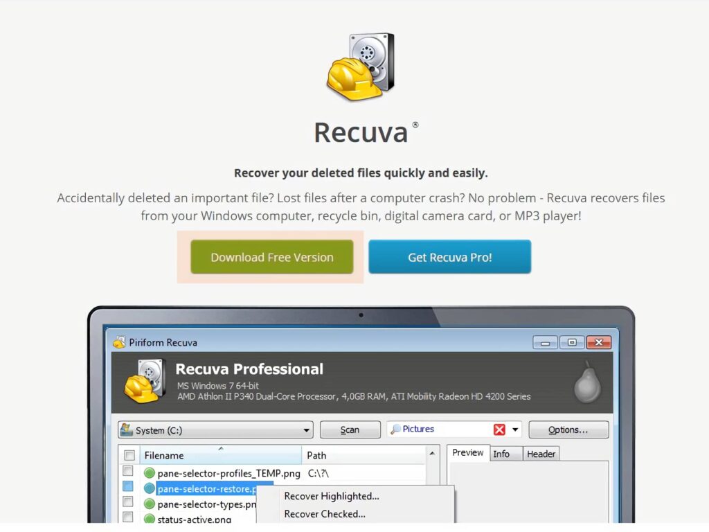 Recuva, téléchargement et installation