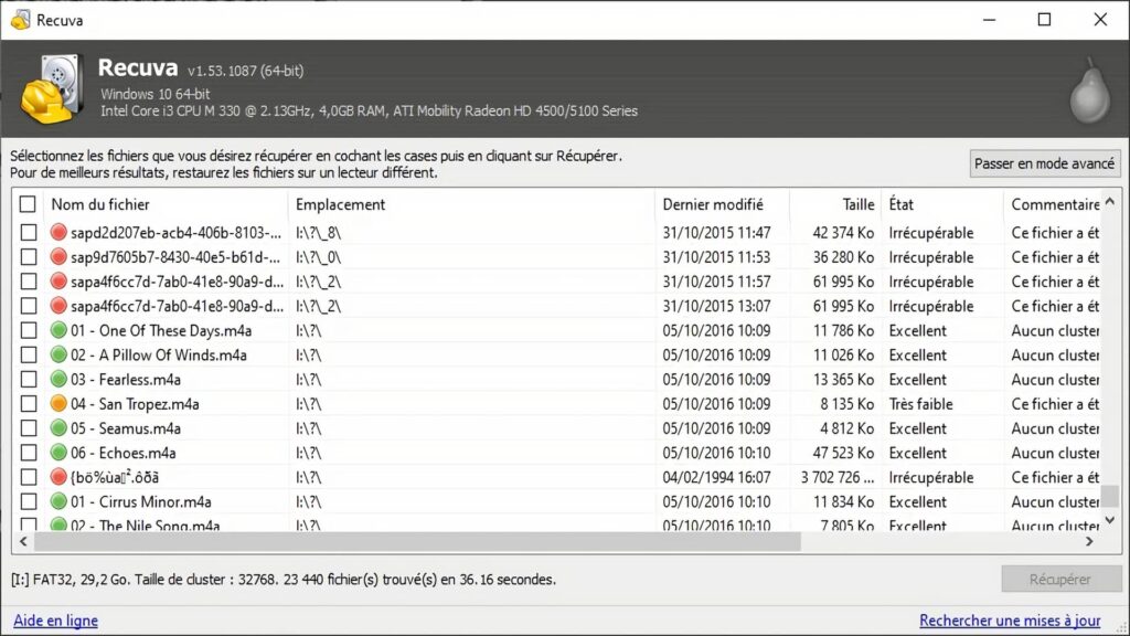 Résultat de l'analyse des fichiers à récupérer.
