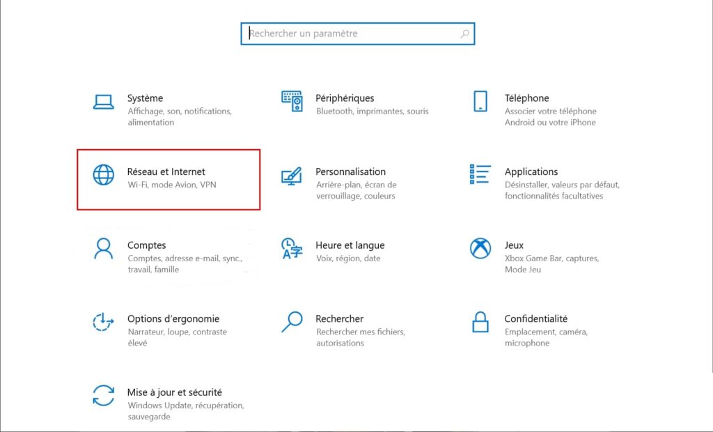 Paramètres Réseau et Internet de Windows 10