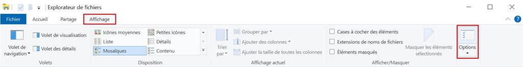 Options de l'explorateur de fichiers de Windows 10