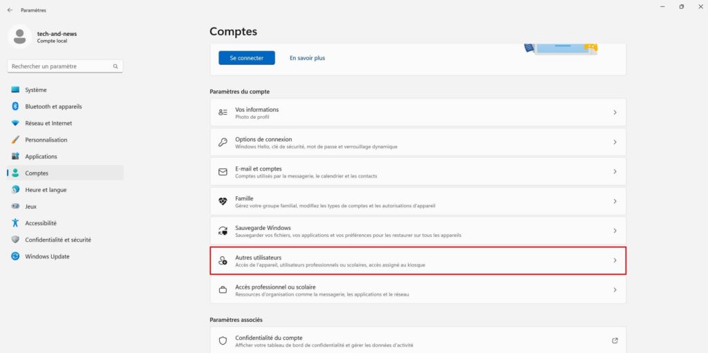 Création d'un compte local sous autres utilisateurs des paramètres de Windows 11