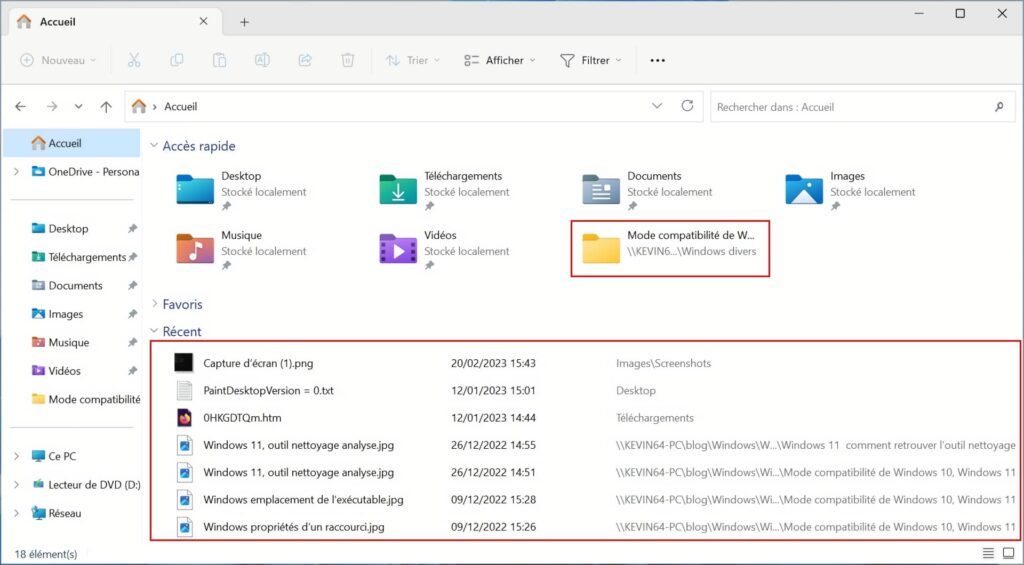 Windows 11, emplacement de l'historique des fichiers
