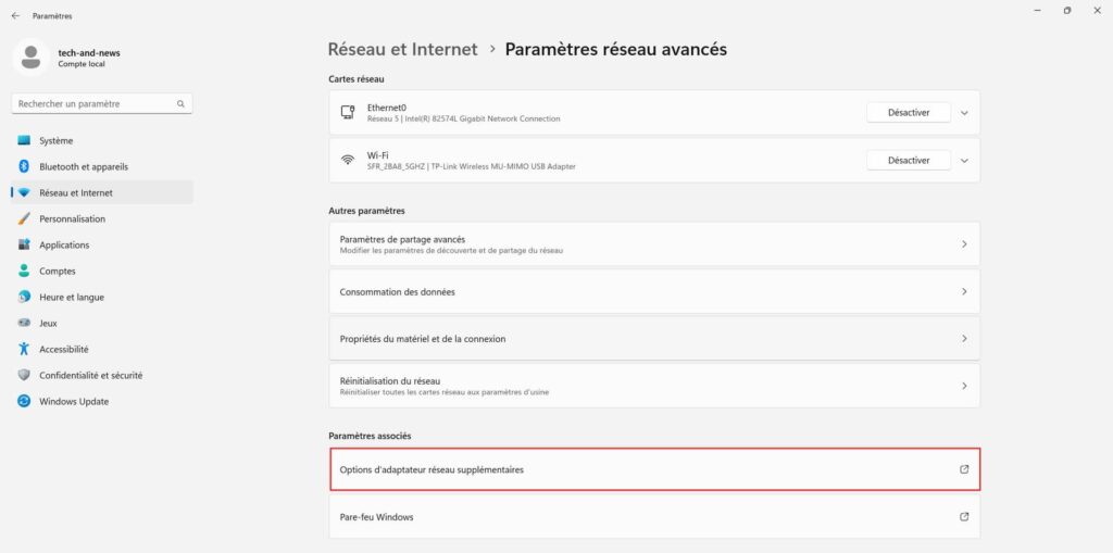 Options d'adaptateur réseau supplémentaires de Windows 11