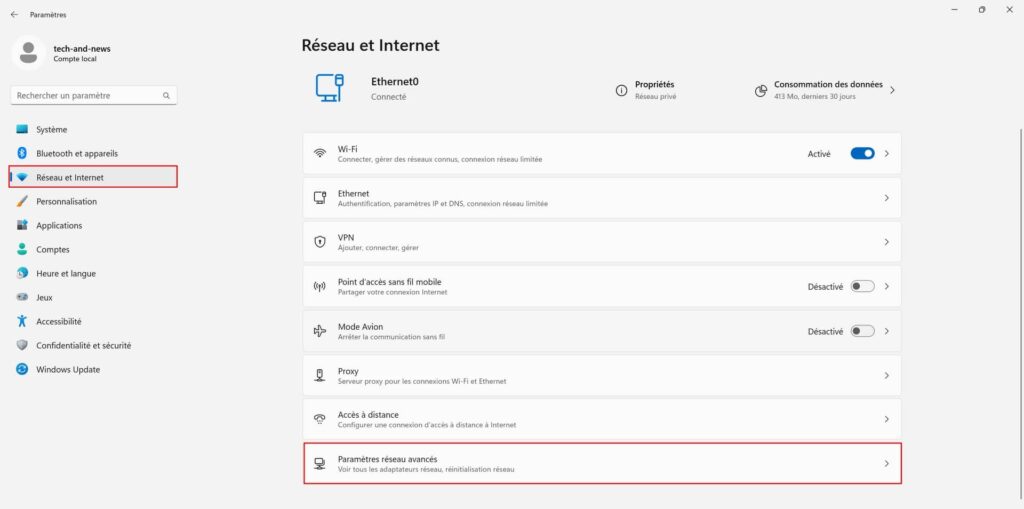 Paramètres Réseau et Internet de Windows 11