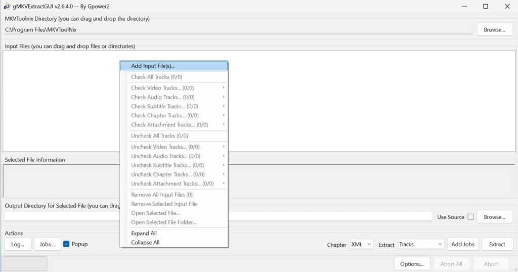 gMKVExtractGUI, clic droit Add Input File(s) (ajouter un fichier d'entrée