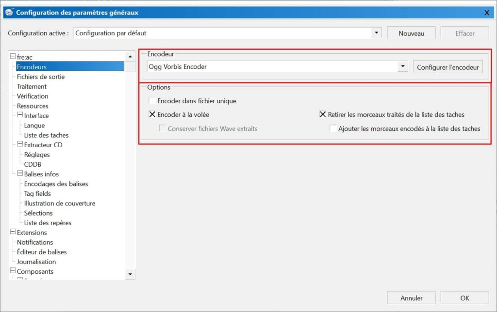 Sélection par défaut et configuration des encodeurs de fre:ac