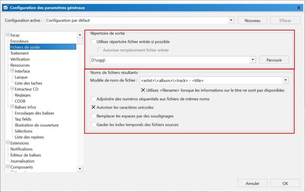 Gestion de la sortie des fichiers audio convertis par fre:ac