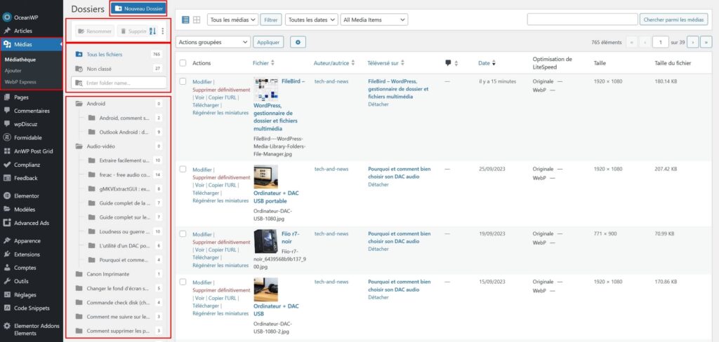 Interface de FileBird